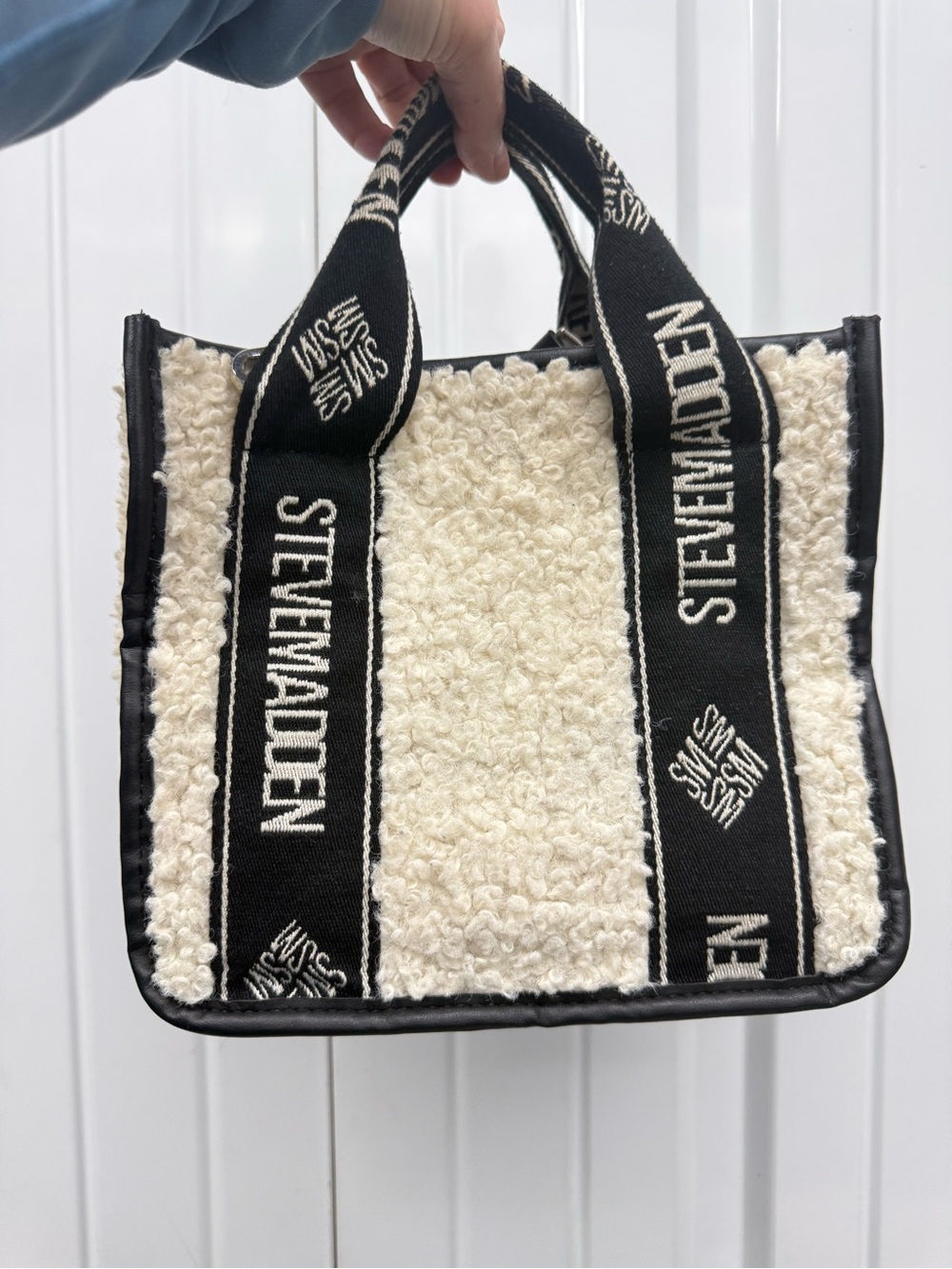Steve Madden Cream Sherpa Tote with Black Logo Webbing